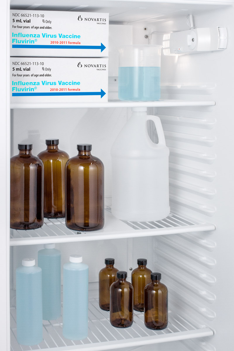 10.1 cu.ft. upright auto defrost medical/scientific all-refrigerator with digital thermostat and NIST calibrated thermometer/alarm; includes front lock, hospital grade cord, and internal fan